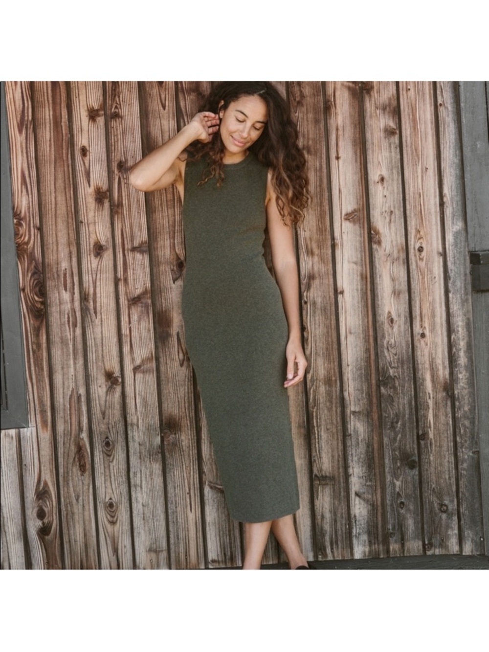 Jenni Kayne Olive Black Sleeveless Cashmere Cotton Knit Sweater Midi Dress